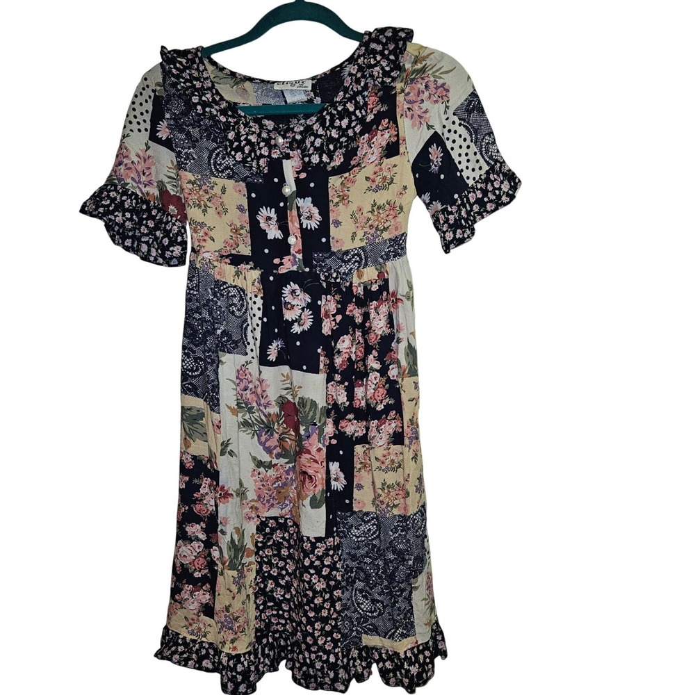Vint Clique by Jinelle Girls Patchwork Floral Dress Navy Pink Peter Pan Collar